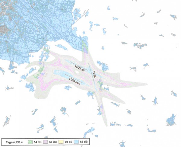 Die Zahl der von der 54dB-Lärmzone betroffenen Bevölkerung soll im 3-Pisten-System nicht mehr ansteigen und das Siedlungsgebiet soll grundsätzlich nicht mehr weiter in Gebiete mit Lärmbelastungen von über 54dB (Ausnahmefälle 55dB hineinwachsen